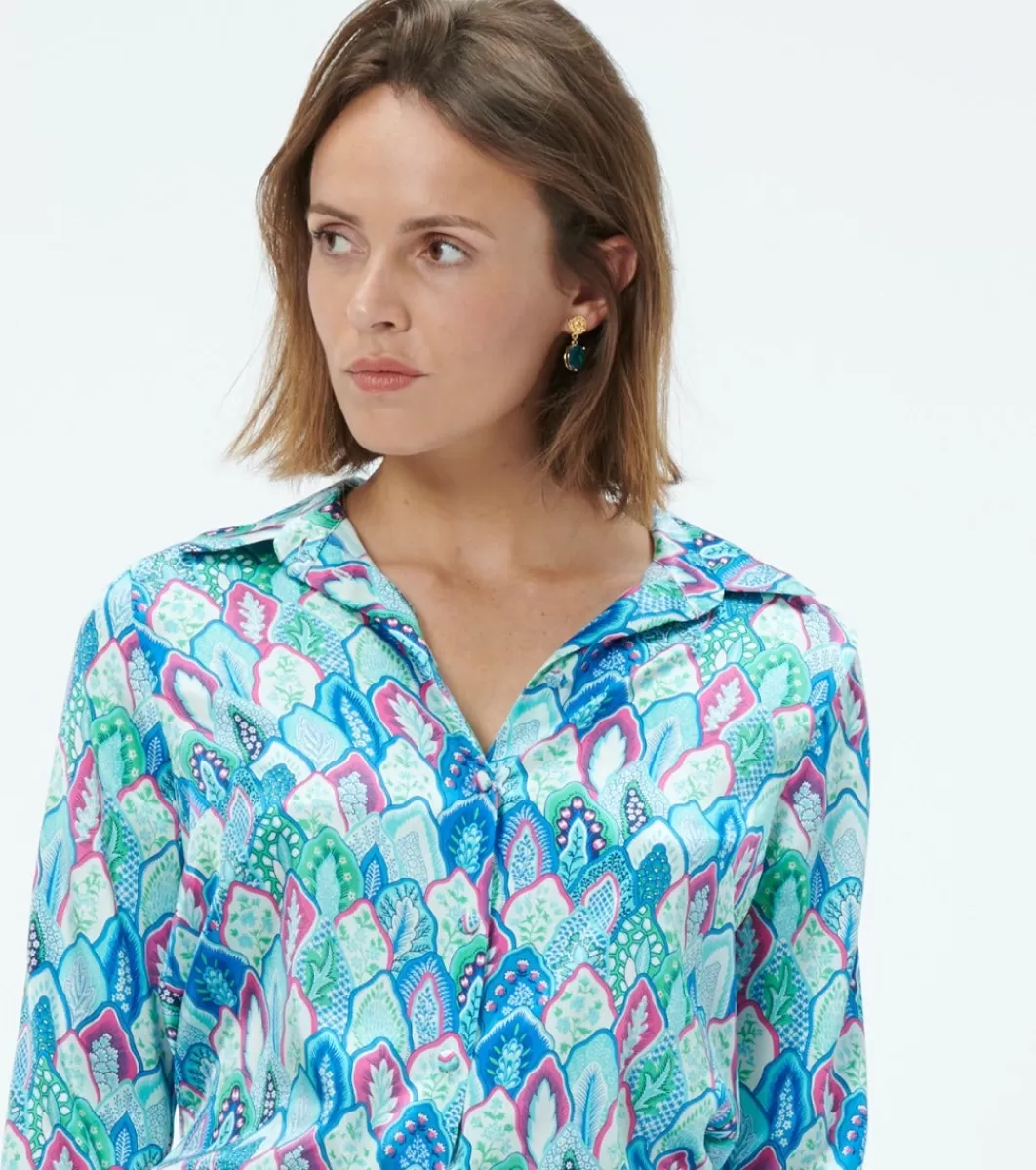 Outlet Blouse LINETTE Plume aqua fuchsia Femme Chemises & Blouses