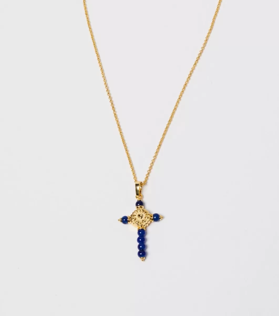 Hot Collier Croix Fleur d'Arles et perles bleu lapis Femme Bijoux